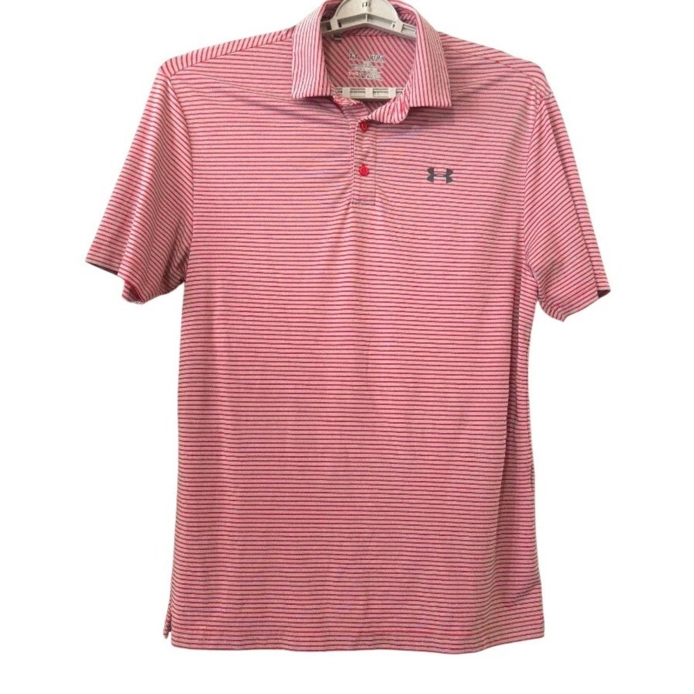 Under Armour Heatgear Mens Medium Red Gray Striped Loose Fit Performance Polo